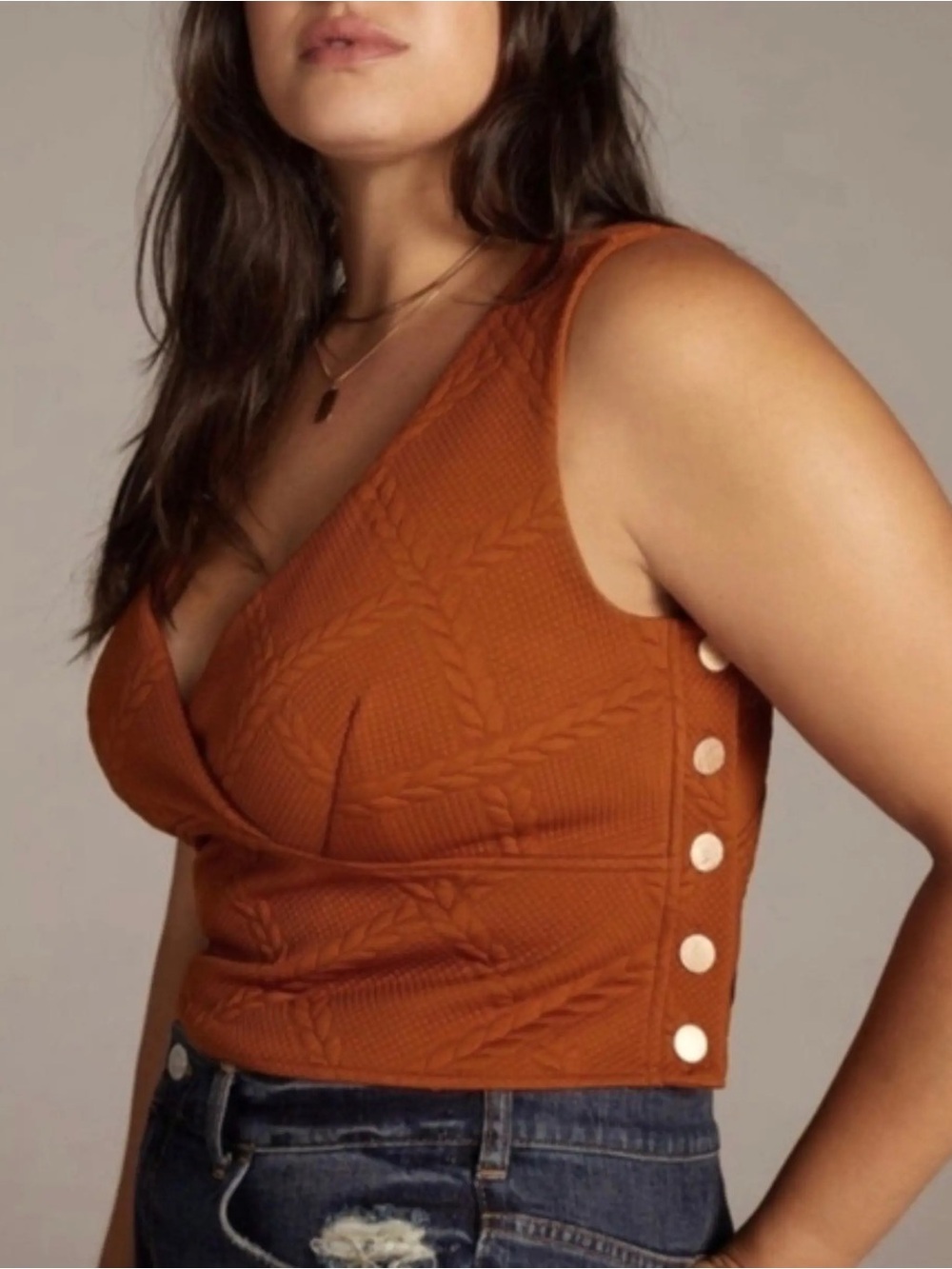 Anthropologie Textured V-Neck Crop Top in Rust